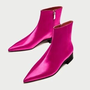 New Zara Size 8.5 Fuchsia Hot Pink Satin Pointed Toe Ankle Boot